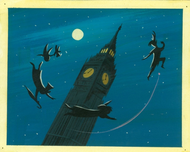 Mary Blair concept art of Peter Pan and children silhouetted around Big Ben
